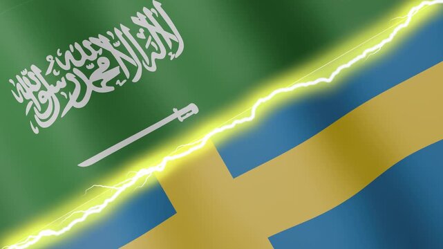 Two waving flags Saudi Arabia and Sweden with diagonal lightning seamless, 4k loop