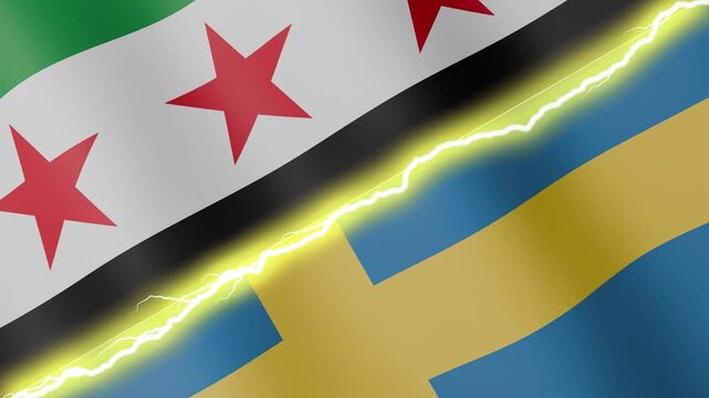 Two waving flags Syria and Sweden with diagonal lightning seamless, 4k loop