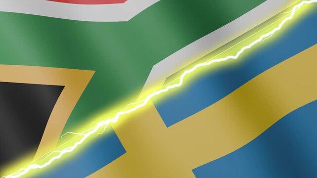 Two waving flags South Africa and Sweden with diagonal lightning seamless, 4k loop