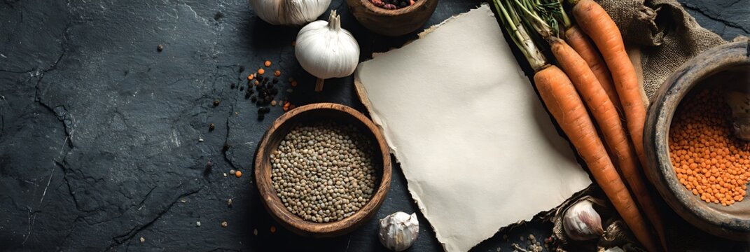 Fresh organic carrots with lentils and garlic cloves arranged around blank parchment paper on dark rustic stone surface for healthy cooking recipe and culinary concept