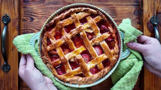 Woman placing homemade strawberry rhubarb pie on wooden table top view fresh baked dessert rustic pastry baking concept