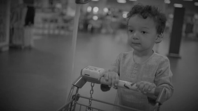 Young child pushing small shopping cart down store aisle in black and white
