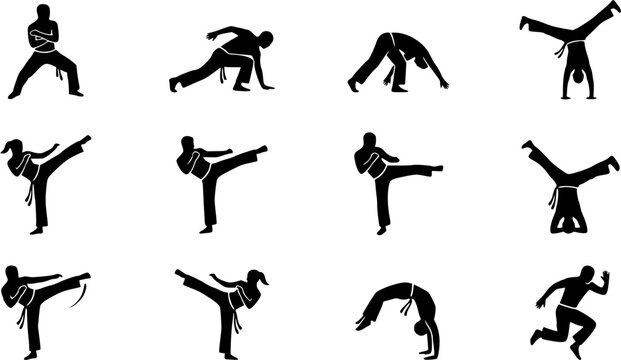 Capoeira silhouette icon set, flat black glyph style, pure white background