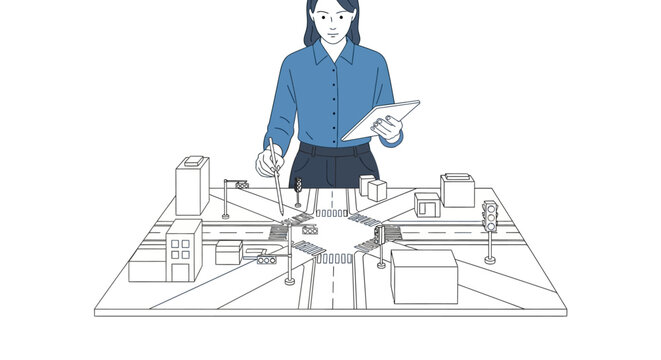 Urban planning woman designing city traffic system on miniature model