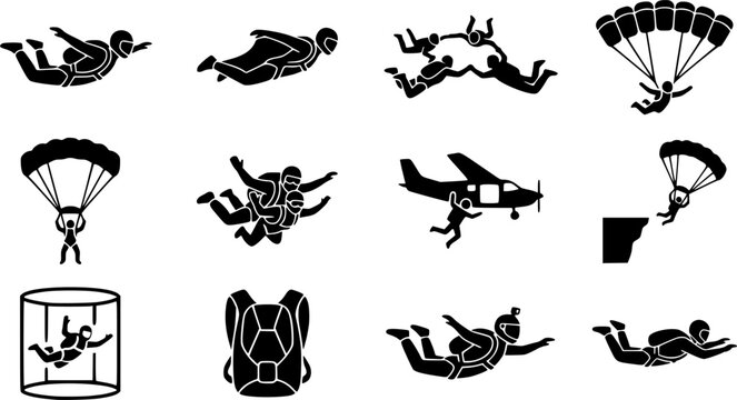 Skydiving silhouette icon set, flat black glyph style, pure white background