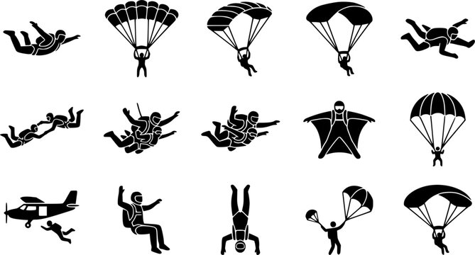 Skydiving silhouette icon set, flat black glyph style, pure white background