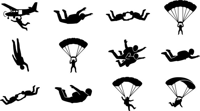 Skydiving silhouette icon set, flat black glyph style, pure white background