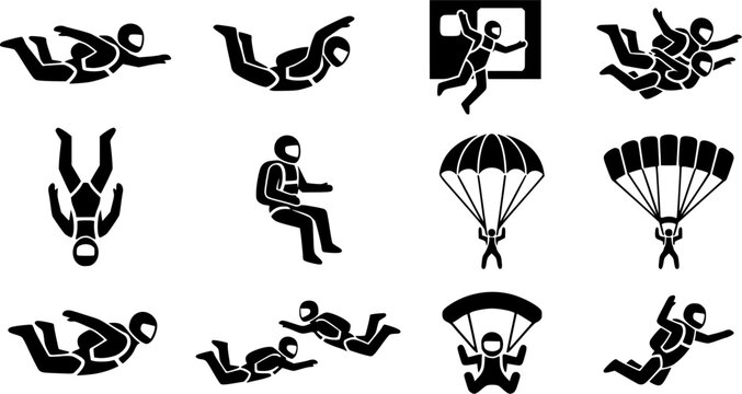 Skydiving silhouette icon set, flat black glyph style, pure white background