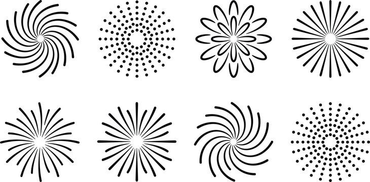 Abstract geometric firework burst icon set vector illustration featuring linear sunburst and radial dot patterns