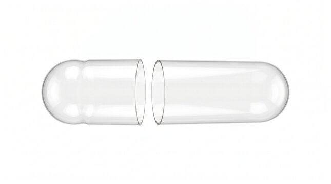 Transparent empty gelatin capsule on white background, clear medical pill shell for pharmaceutical mockup, open plastic drug container for healthcare
