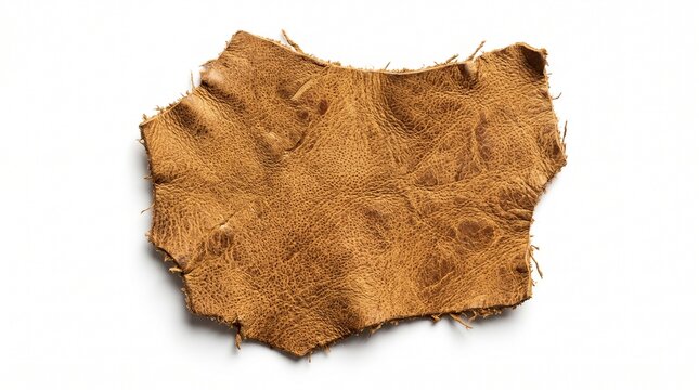 Natural brown leather scrap with raw frayed edges, rustic animal hide piece on white background, textured tan suede material for craft and design