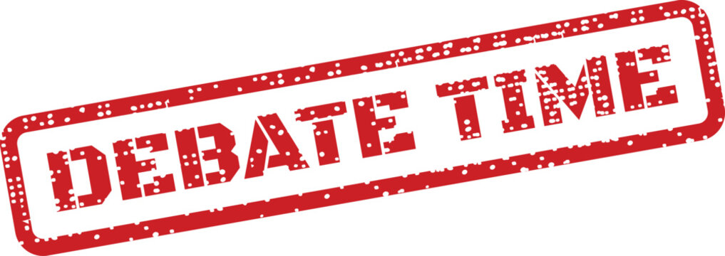 Rectangular grunge stamp effect with debate time text for scheduling or organizing academic speaking contest events