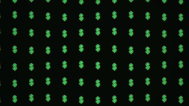 Green dollar signs cascading on black background like digital code