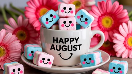 Happy august marshmallow characters in coffee cup with pink flowers cheerful summer celebration theme