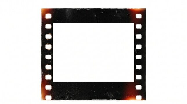 Vintage 35mm film frame with burnt edges and dust, retro analog film strip border, distressed photographic negative overlay on white background