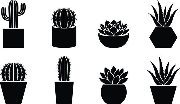Cactus and succulent silhouette collection with decorative potted plant icons for botanical design projects