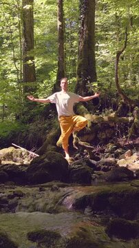 A person of indeterminate ethnicity is meditating in a forest, balancing on a rock amidst lush greenery. Their pose exhibits focus and serenity, blending seamlessly with the tranquil environment.