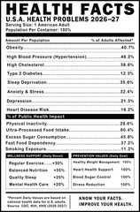 Fototapeta premium U.S. Health Statistics 2026-2027 Facts Label Infographic Vector Template on White Background