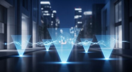 Fototapeta premium Futuristic digital network communication system with glowing triangular projections in a blurred city at night