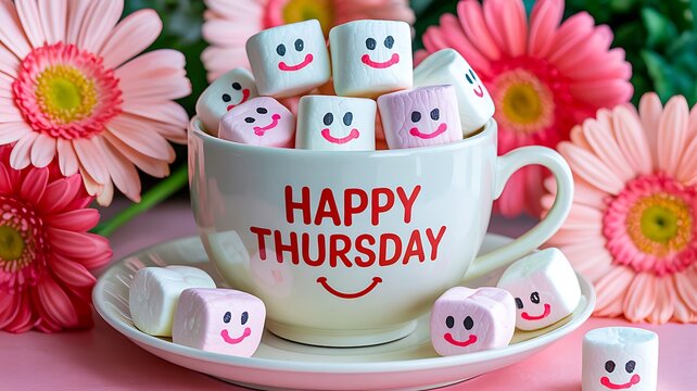 Happy thursday greeting with smiling marshmallows in coffee cup and pink flowers