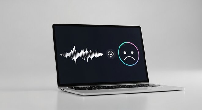 Laptop displaying sad emoticon next to audio waveform representing negative emotional feedback