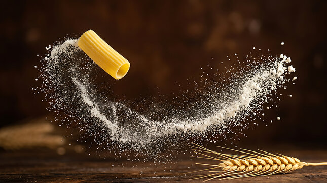 Dynamic motion of flying rigatoni pasta creating a splitting white flour trail on dark background