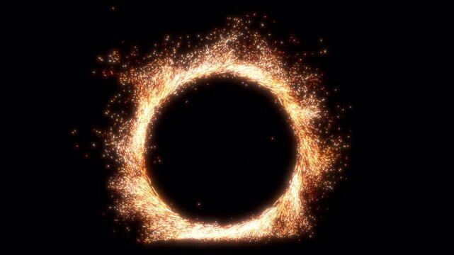 Abstract circular portal made of glowing golden particle dust on black background.