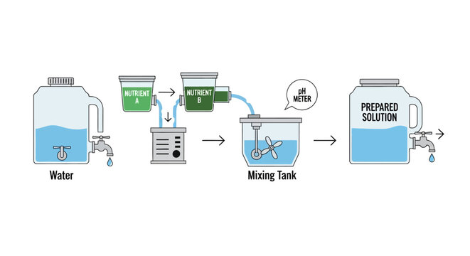 Hydroponic Nutrient Mixing Process: Water, Nutrients, Mixing Tank, pH Meter, Solution