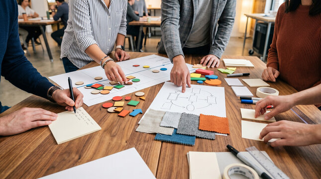 Collaborative workshop table with tactile tools and varied think