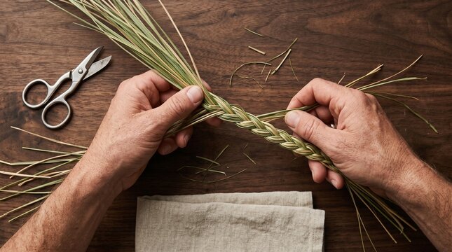 Hands Braiding Sweetgrass Fibers on Dark Wood Bench Overhead