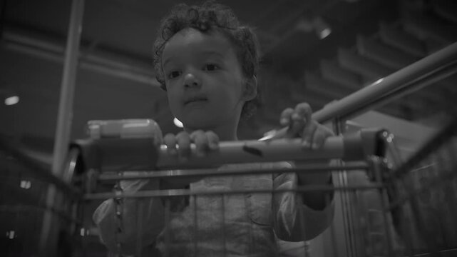 Toddler Boy Standing in Shopping Cart in Supermarket Aisle