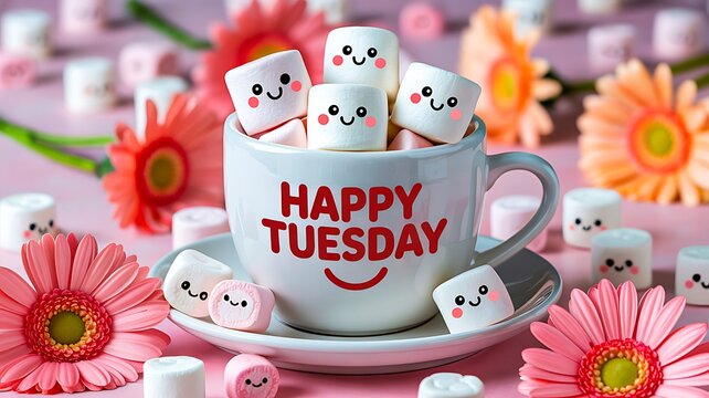 Happy tuesday coffee cup with smiling marshmallows and pink floral display