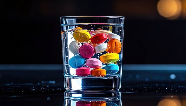 Assorted Colorful Pills Submerged in Clear Water Inside a Glass