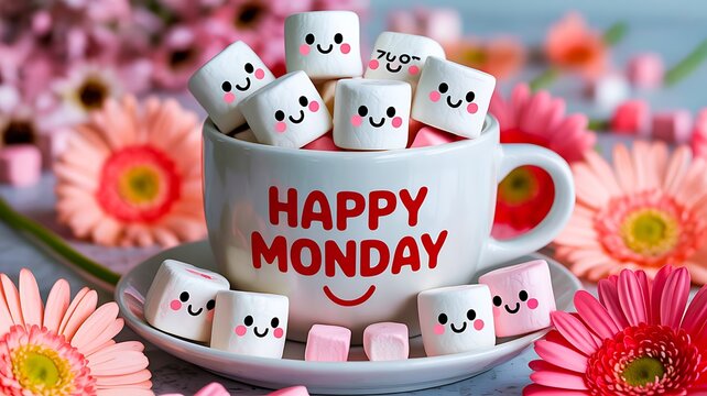Happy monday coffee mug with smiling marshmallows and colorful flowers