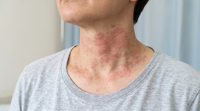 Close up of red allergic rash and atopic dermatitis inflammation on woman neck skin texture for dermatological medical treatment clinical ad.