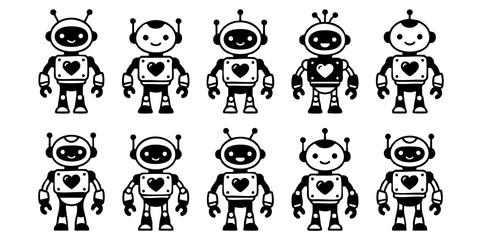 A group of robots with various designs stands together in illustration. © Dhani