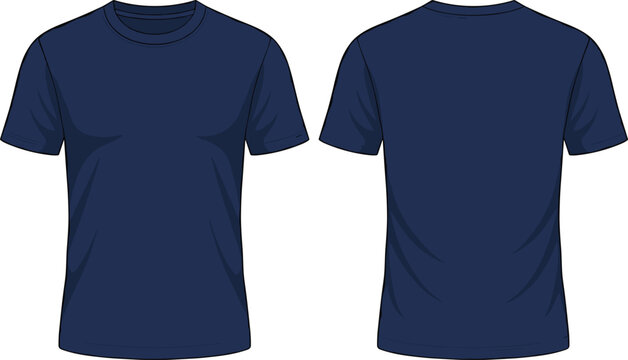 Blank dark blue male t-shirt mockup vector illustration, front and back view shirt template isolated on white background