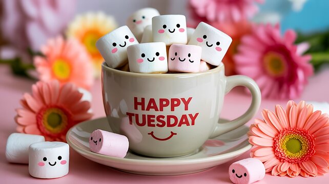 Happy tuesday coffee cup with smiling marshmallows and floral decoration