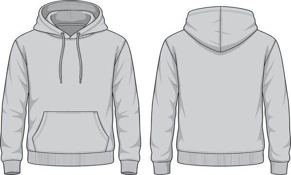 Blank grey hoodie mockup vector illustration, front and back view hooded sweatshirt template isolated on white background