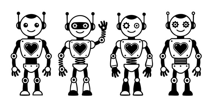Four robots with heart designs wave and stand on a surface