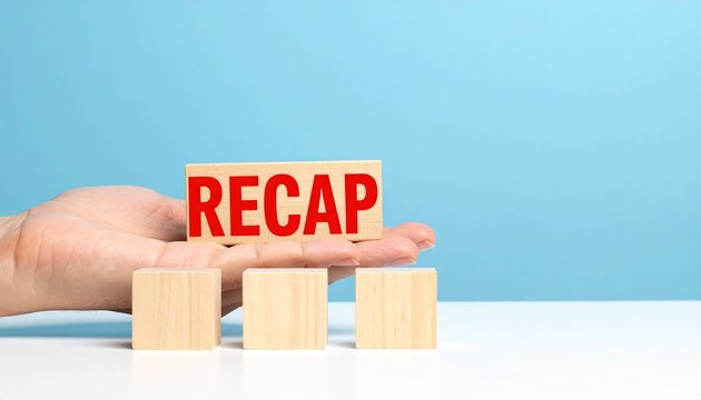 Recap Concept with Wooden Blocks Held by Hand on blue background 
