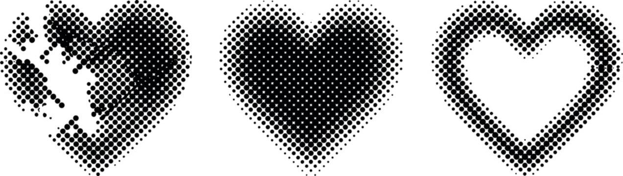 Black and white halftone heart shape icon set vector illustration featuring broken solid and outline concepts