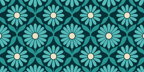 Fototapeta premium A seamless pattern of blue flowers with white centers on a dark background