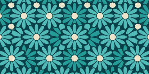 Fototapeta premium A serene floral pattern showcases numerous blue flowers with yellow centers on a dark background.