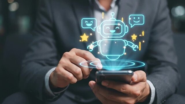 AI Customer Support and Five-Star Rating Concept: Floating Holographic Robot Icon with Glowing Yellow Stars and Smiling Dialogue Bubbles above Blurred Businessman