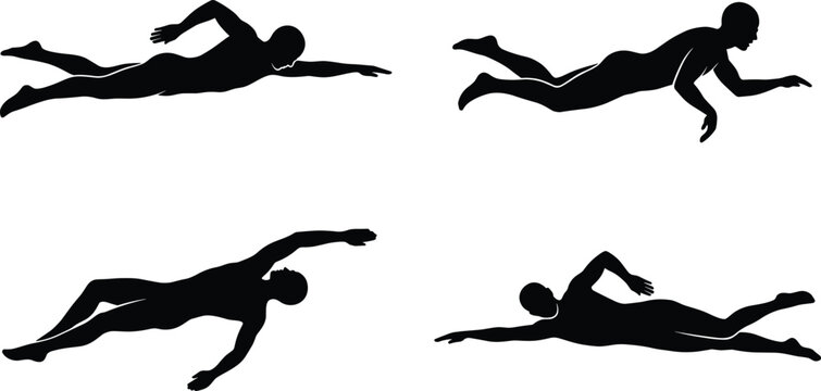 Vector illustration of swimmer silhouettes in freestyle stroke positions representing sport, motion, and aquatic themes