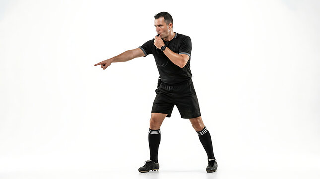 Professional Soccer Referee Isolated on White Background Blowing a Whistle