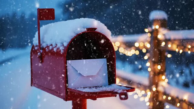 An open red mailbox covered in fresh snow holds a white envelope under falling flakes next to a rustic wooden fence decorated with warm glowing holiday Christmas winter