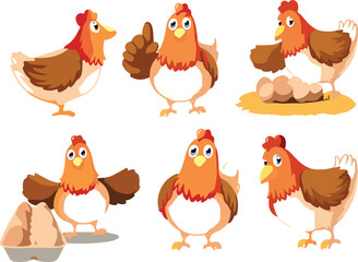 Fototapeta premium Cute Hen Character Vector Set with Various Poses, Breeding Eggs, and Poultry Farm Elements for Children Illustration and Organic Food Branding