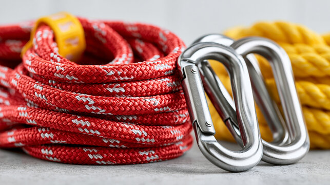 Close-up of a bright red fall-arrest safety harness coiled neatly beside two large steel carabiners and a yellow rope on a clean industrial floor surface, working-at-height PPE saf